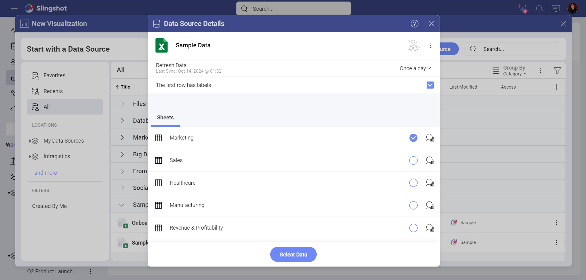 Select a data sheet from an excel file data source