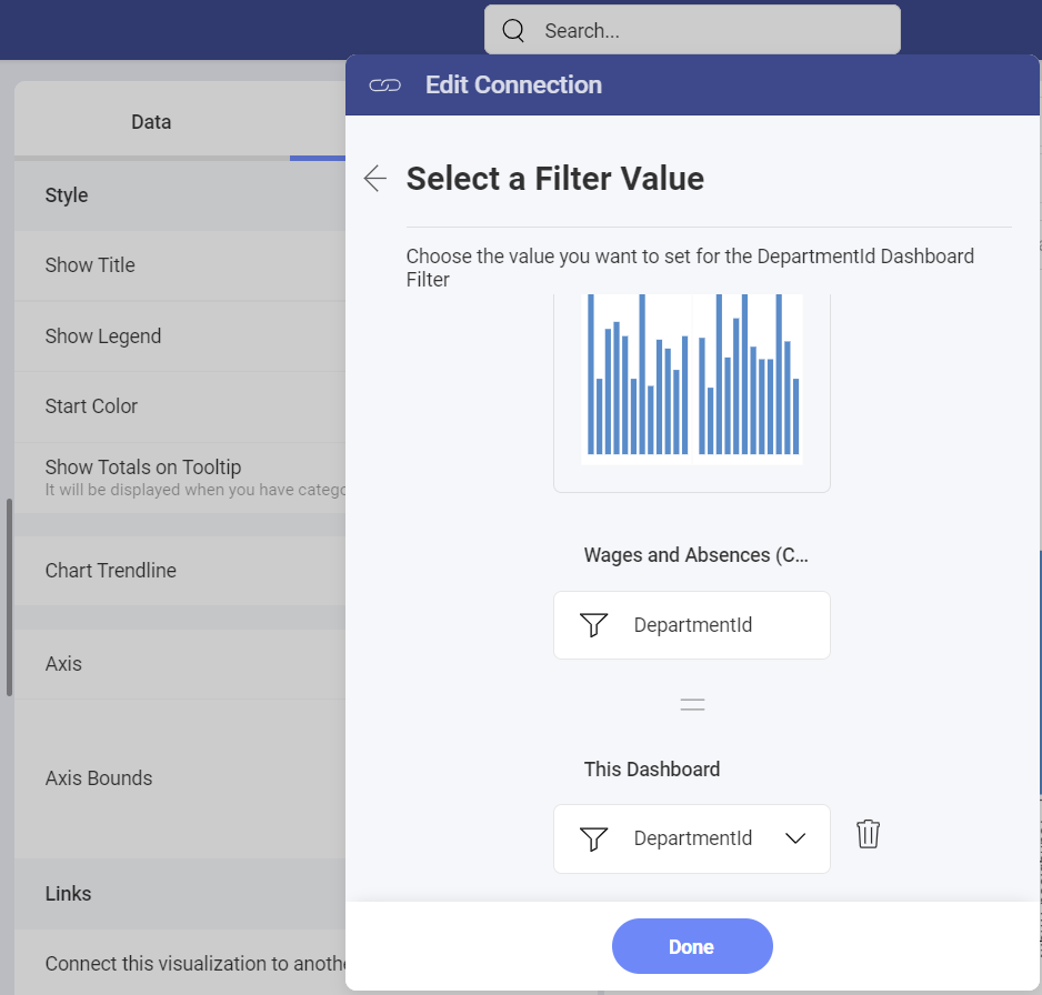 Edit connection dialog where a filter's value can be selected