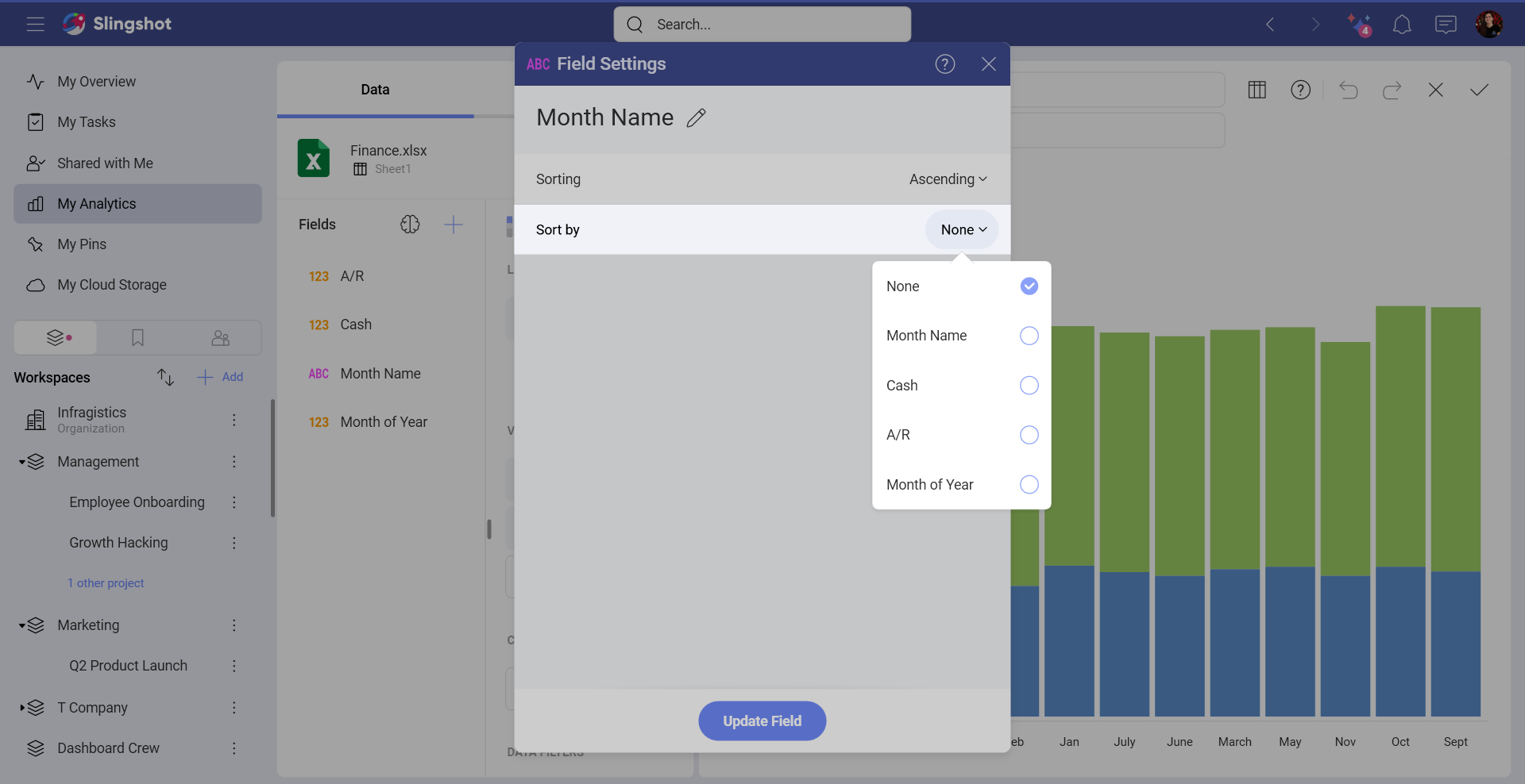 Sorting options in the field settings dialog