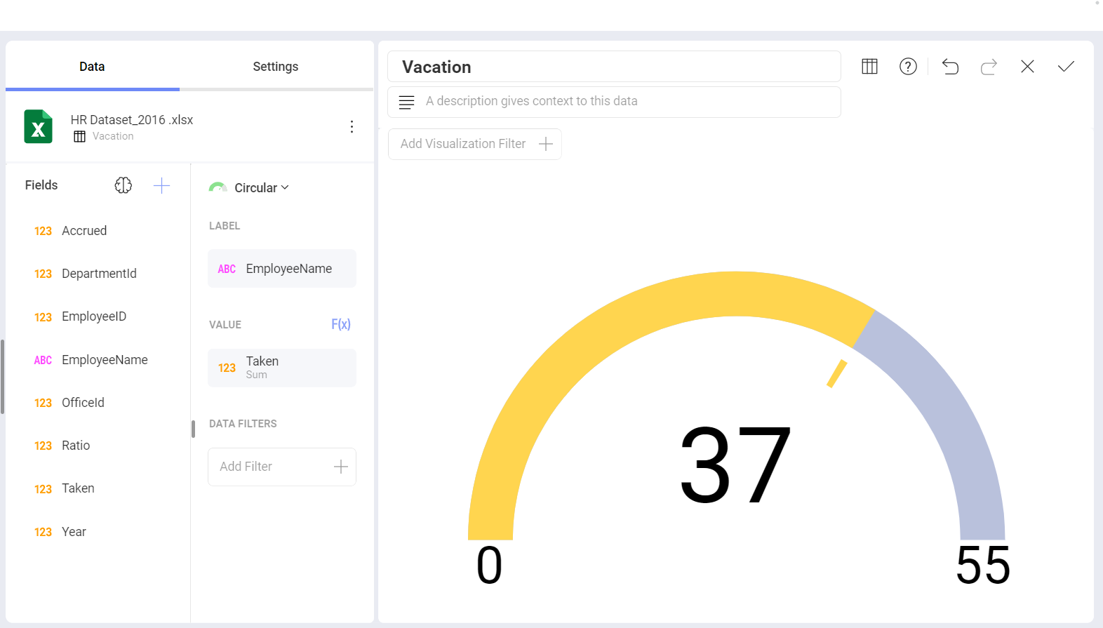 Circular gauge chart example in the Visualization editor