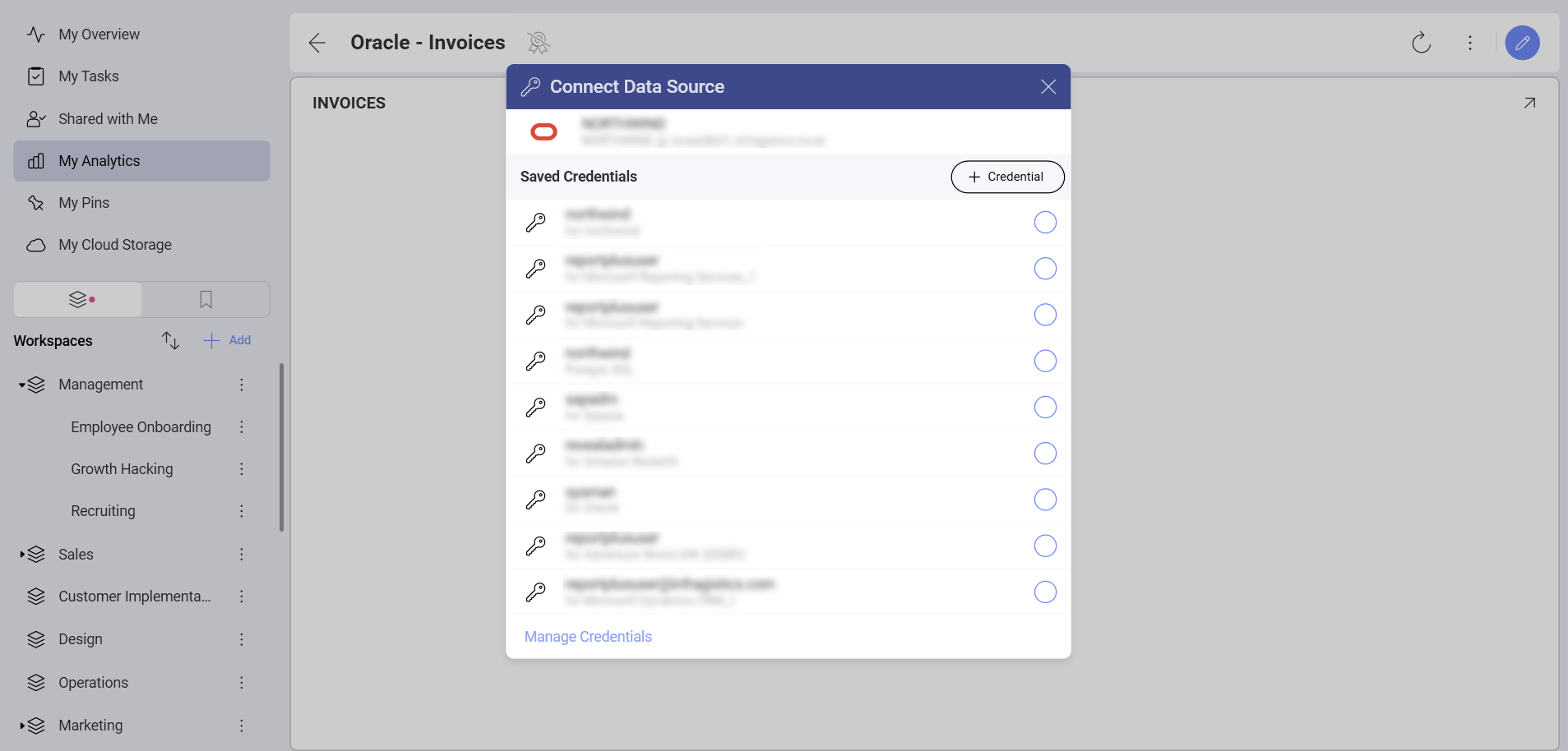 A list of ready credentials in the Connect Data Source dialog