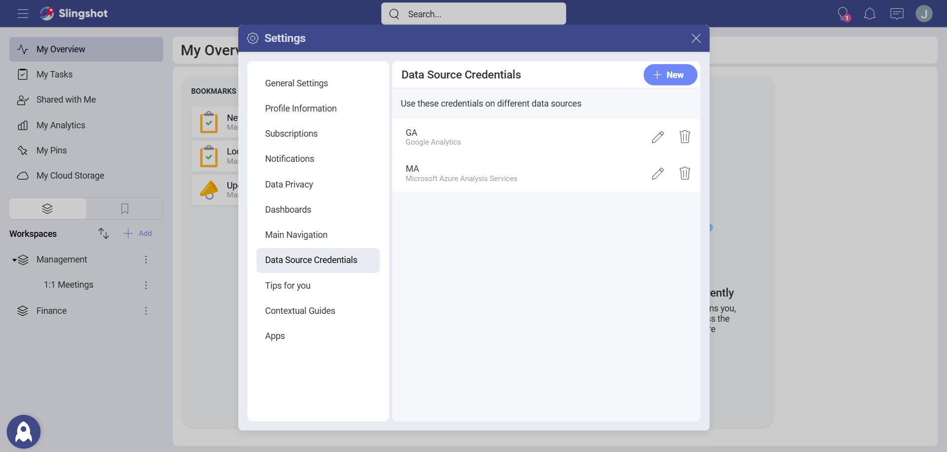 A list of data source credentials in the settings menu