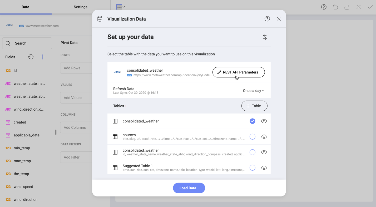 Rest API Parameters button available in Visualization Editor