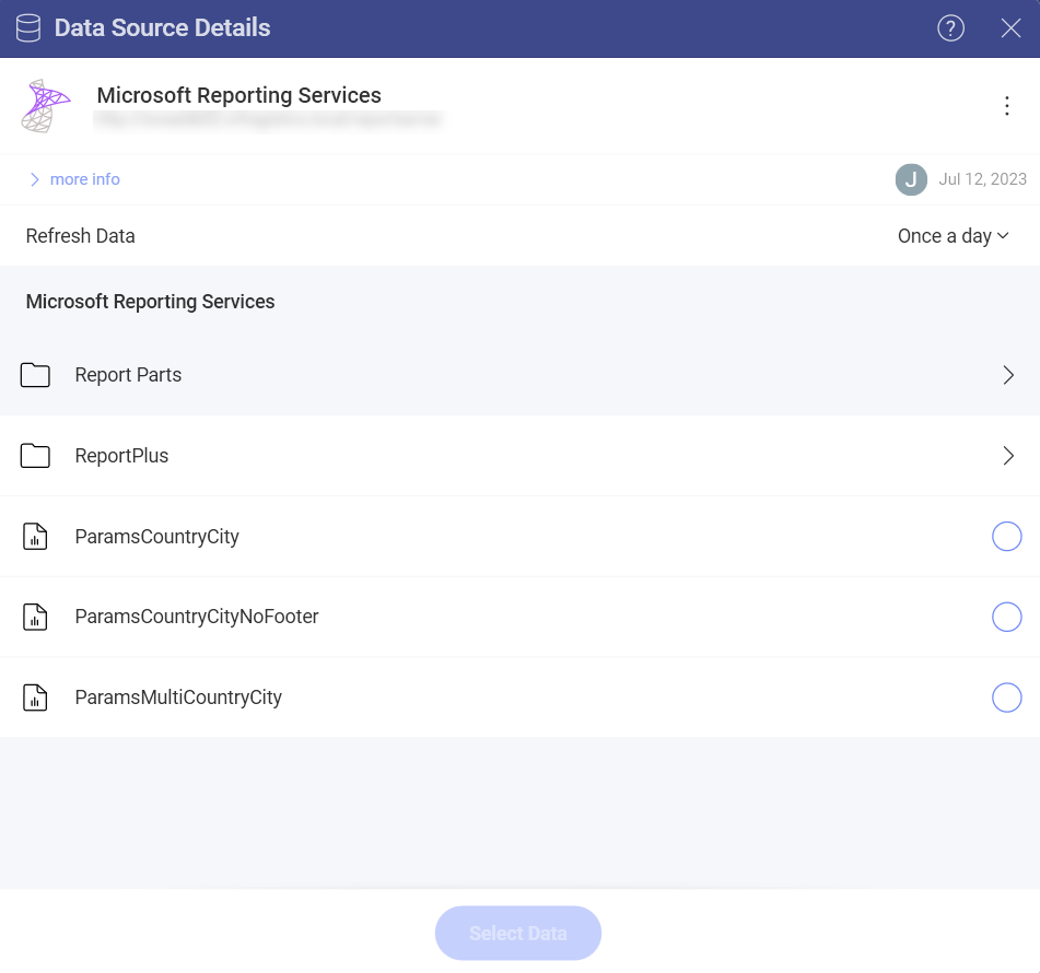 Select a Microsoft Reporting Services Report dialog