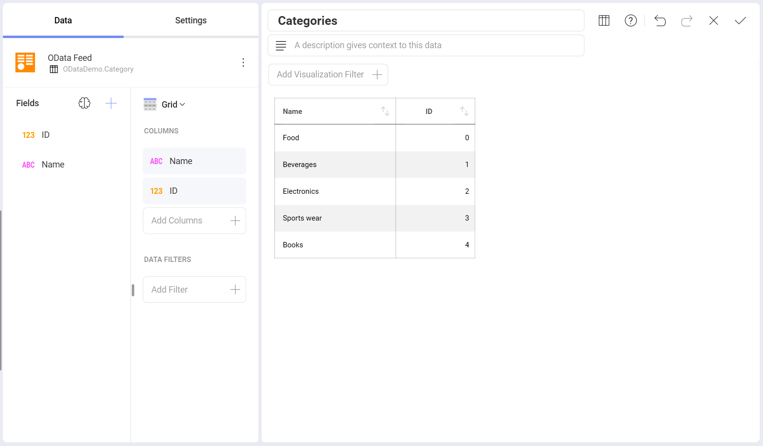 New OData Feed record in the Visualization Editor