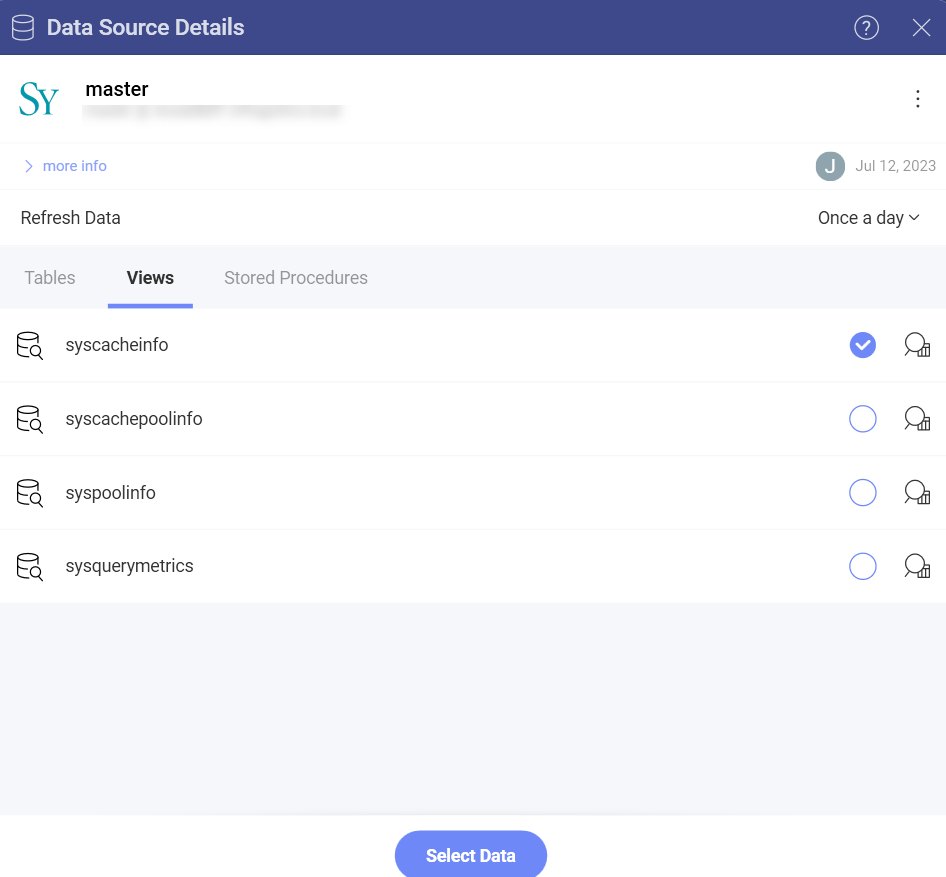 Select from Sybase views dialog