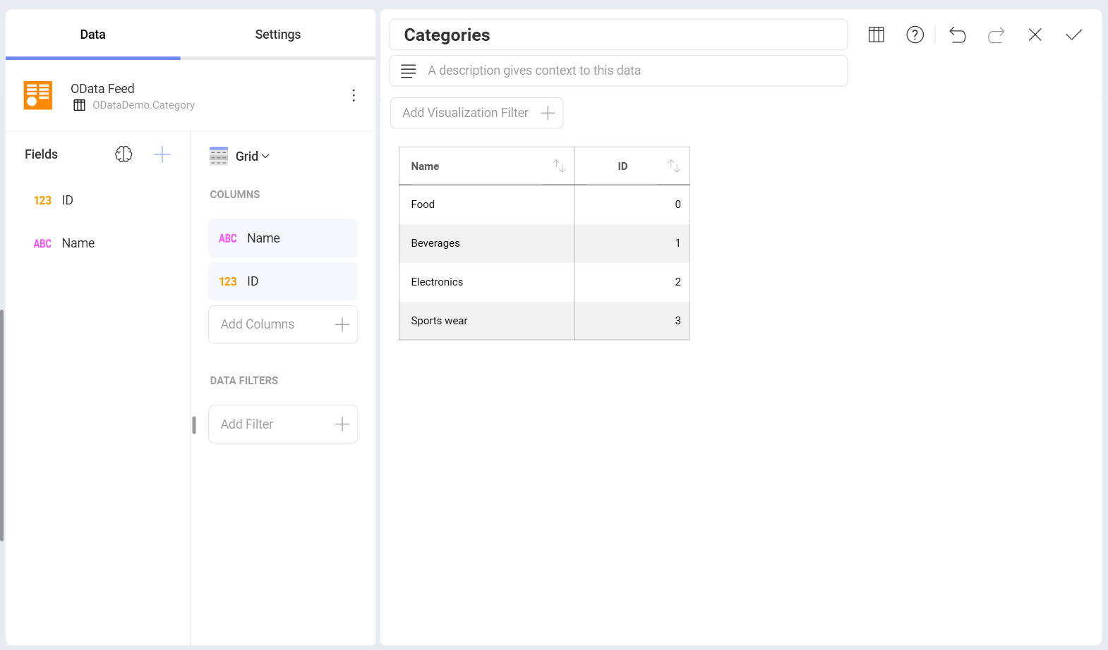 Odata Feed data in the Visualization Editor