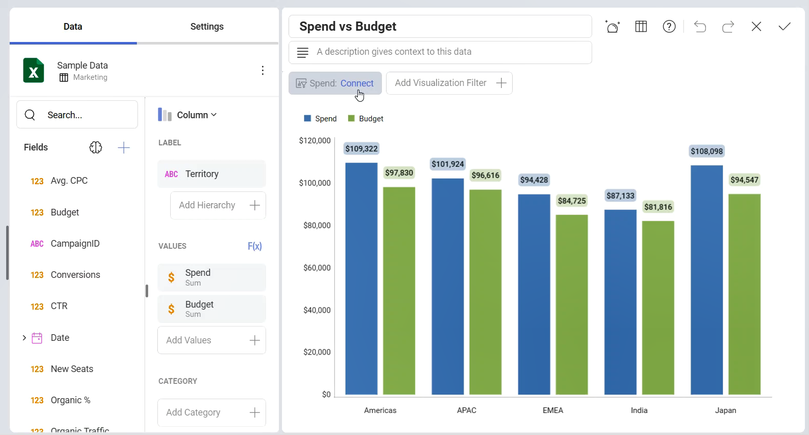 Connecting to a dashboard filter in the Visualization Editor