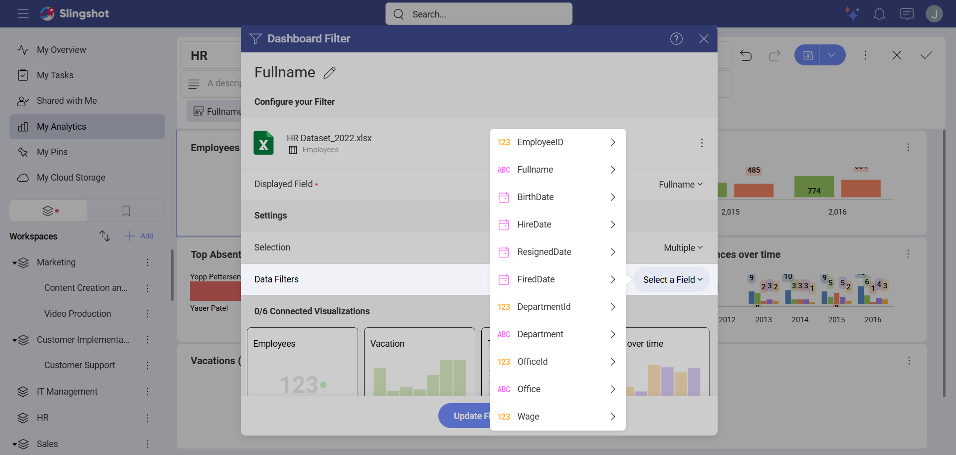 Select a field for a data filter in the dashboard filter settings menu