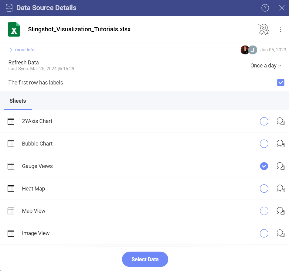 Gauge Views sheet in a data source