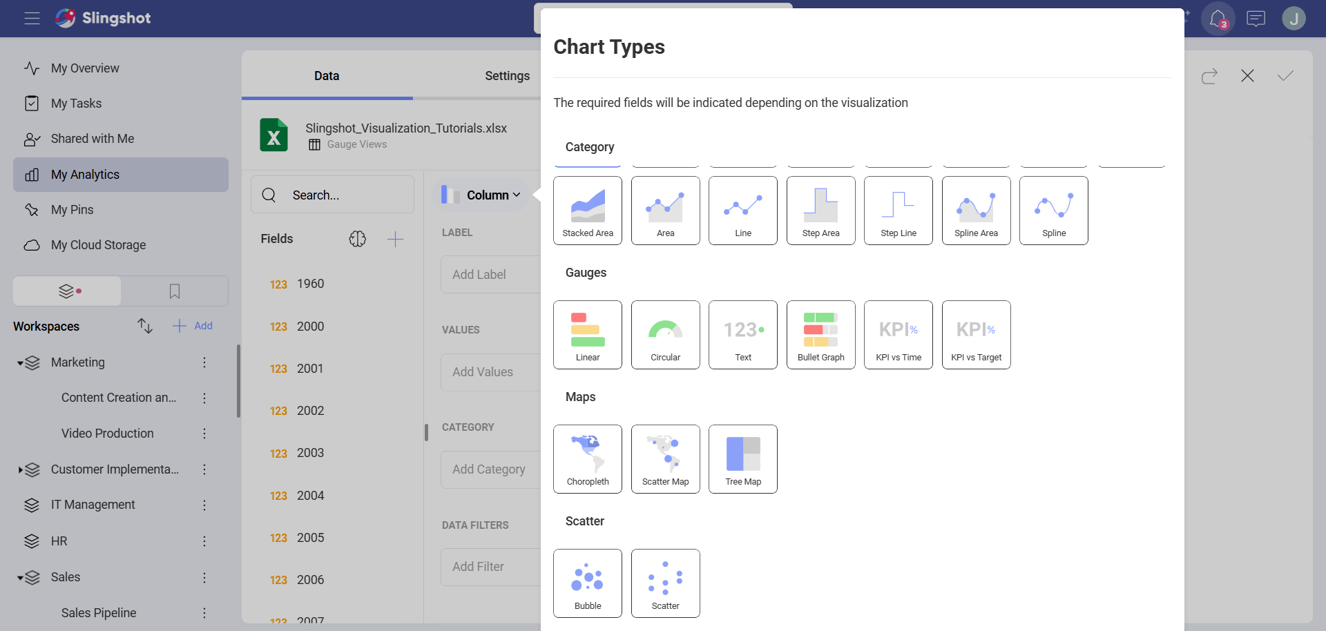 Linear gauge in a list of chart types