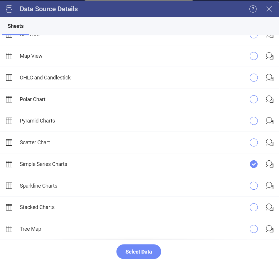 Simple Series Charts Spreadsheed in the example data source 