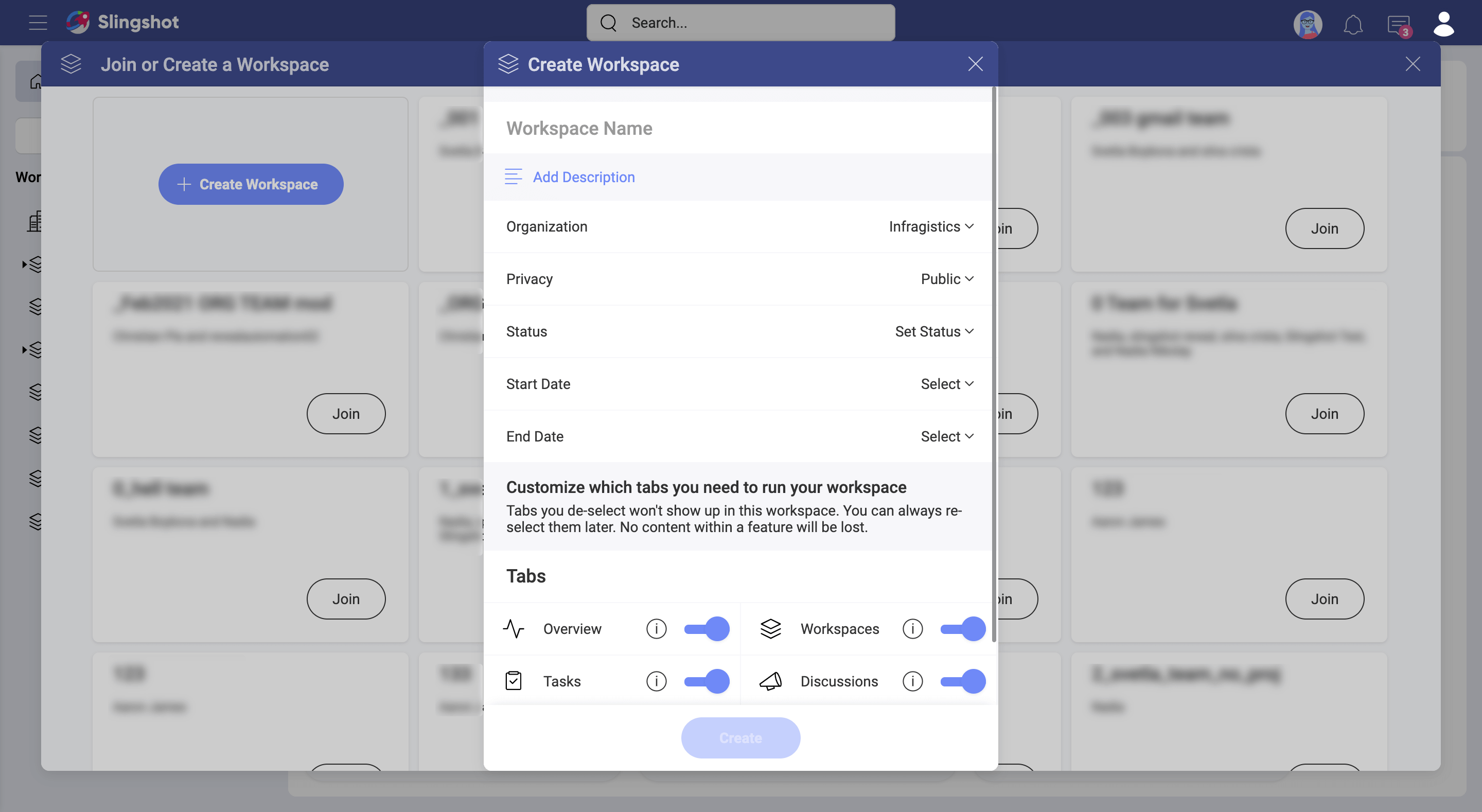 Workspace creation menu