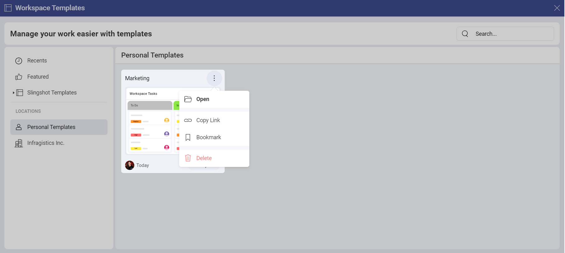 Personal workspace templates under Location