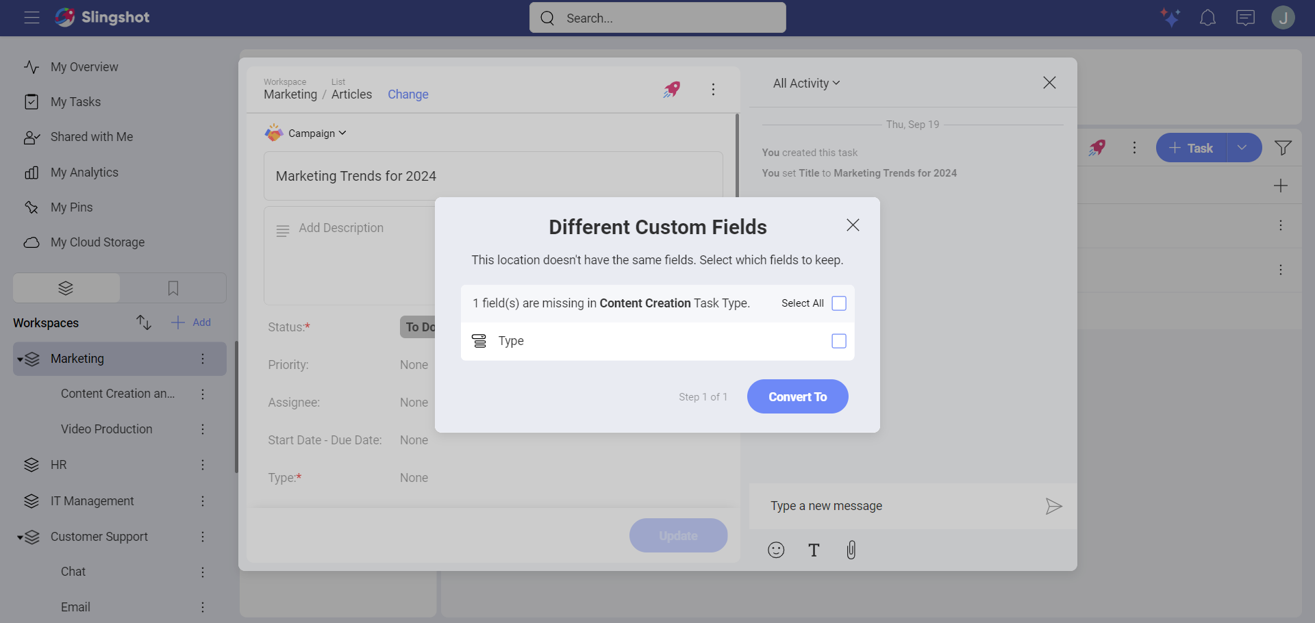 Example of a dialog box with different custom fields for a type