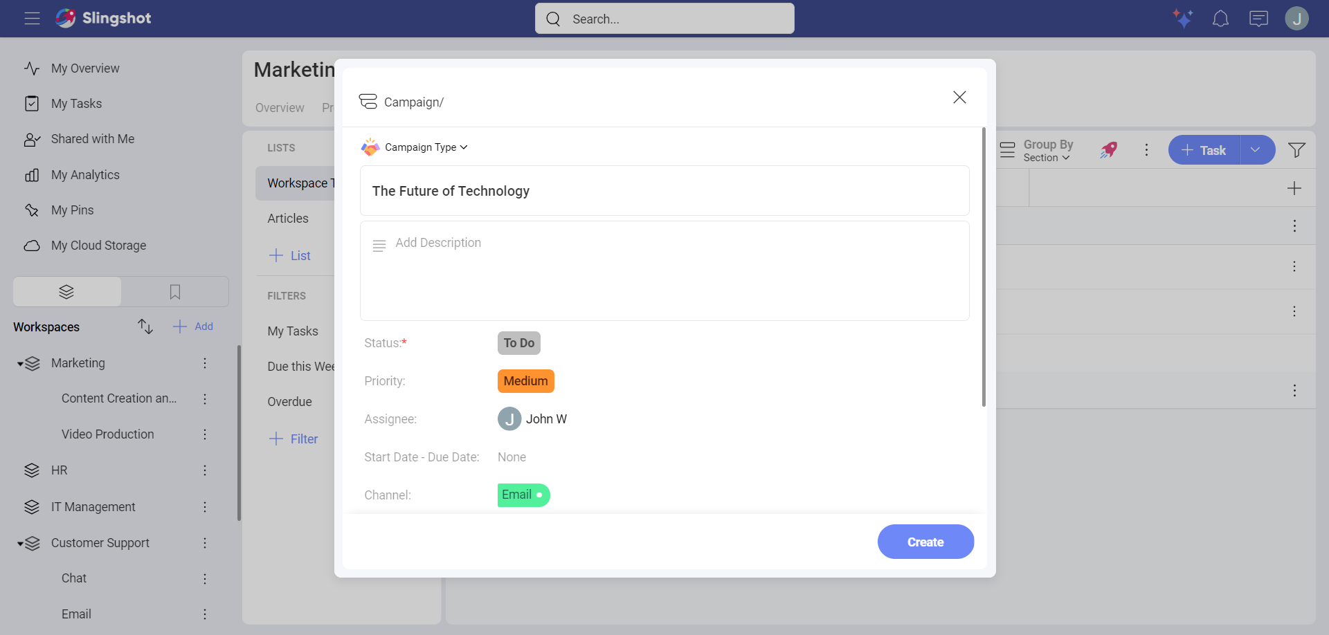 Example of fields of a subtask