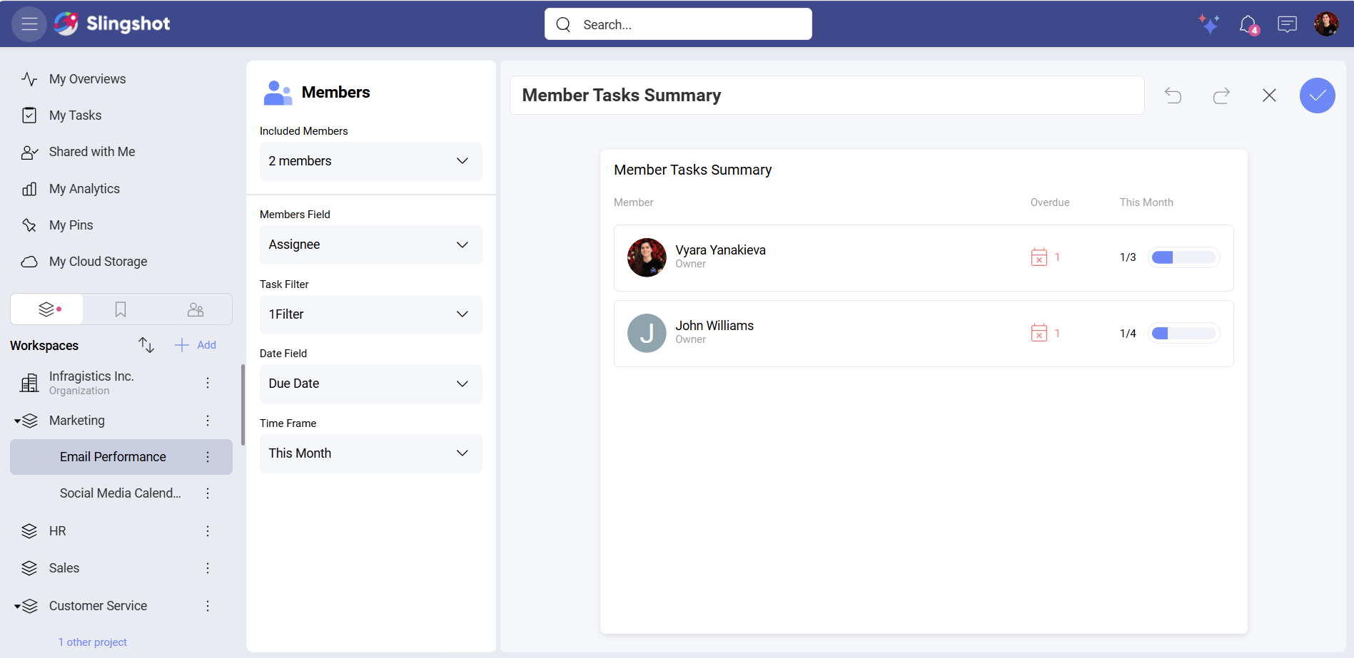 Example of tasks summary for each member