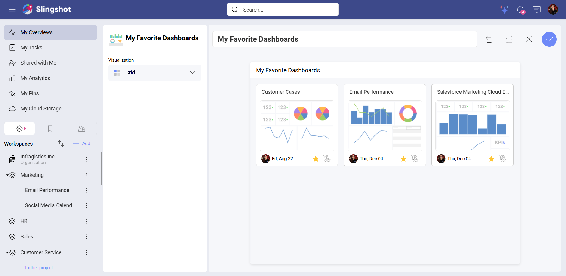 Example of My Favorite Dashboards widget in a grid visualization