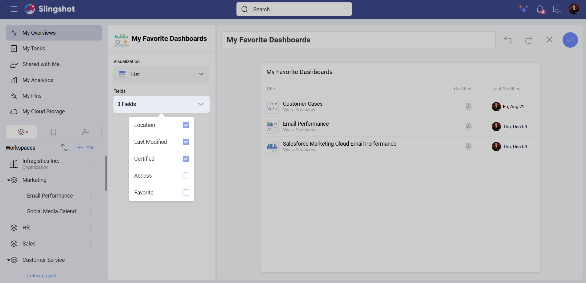 Example of My Favorite Dashboards widget in a list visualization