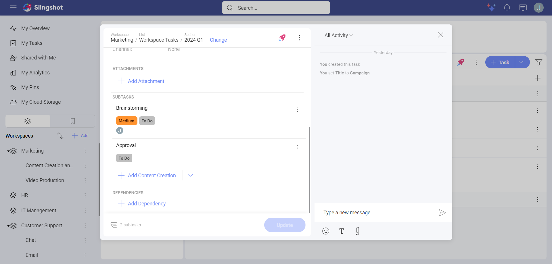 Example of subtasks button that have a type