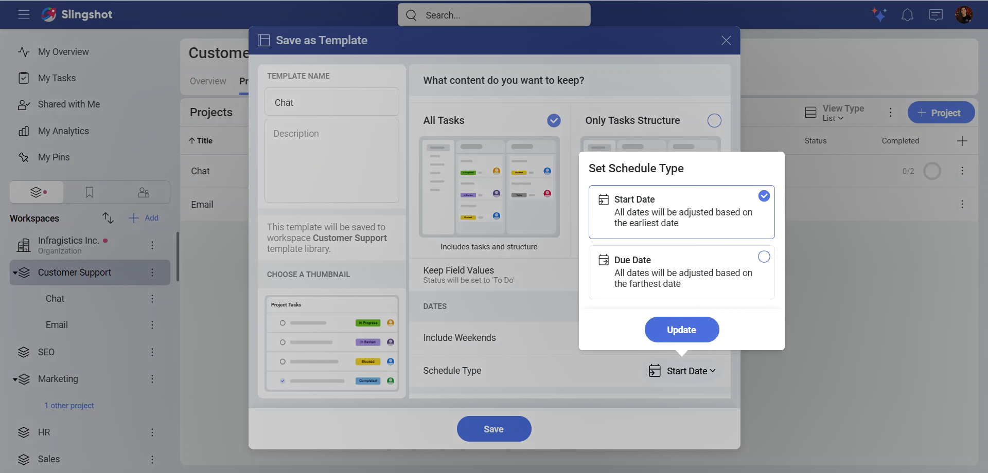 Workspace template tasks options