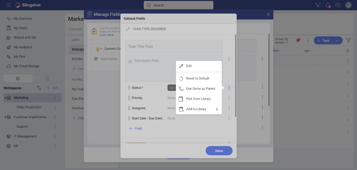 Example of different options for a subtask field