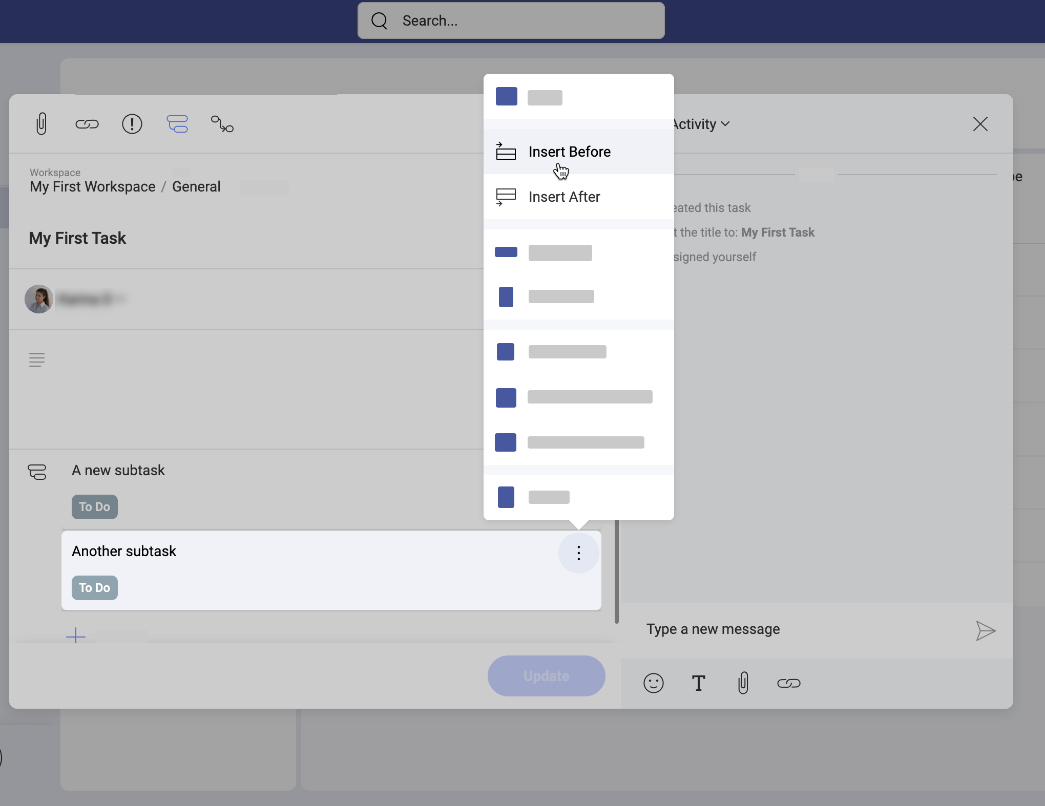 Options to insert a new subtask below or above other subtasks within a Slingshot task